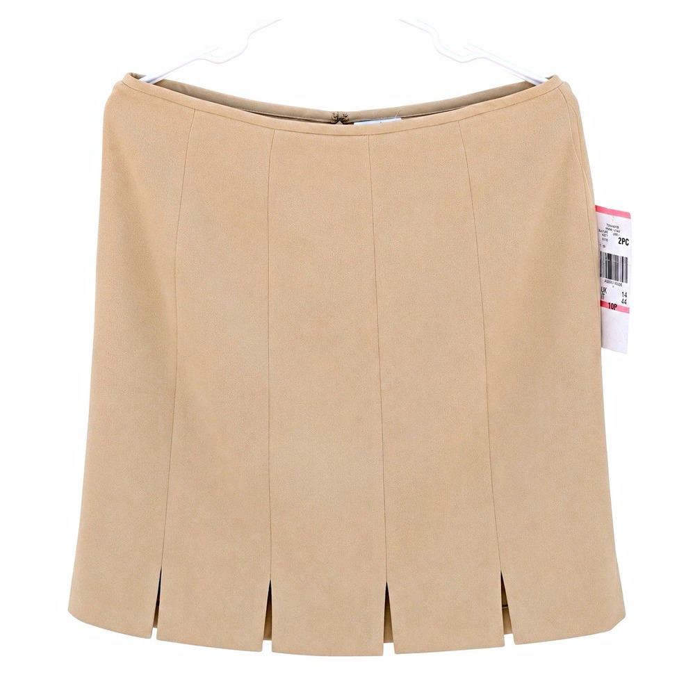 Le Suit Women's Petite 10P Beige Solid A-Line Knee Skirt Pleated Lined Zip